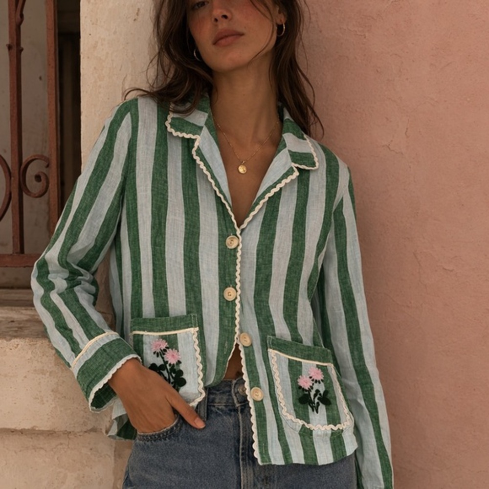 Trovata birds of paradis Dylan green striped linen shirt jacket